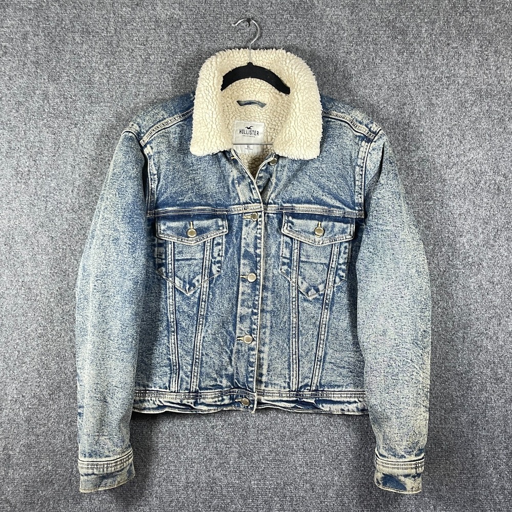 Holliste Sherpa Lined Denim Jacket Faux Shearling Collar Mid Wash Blue Size XL